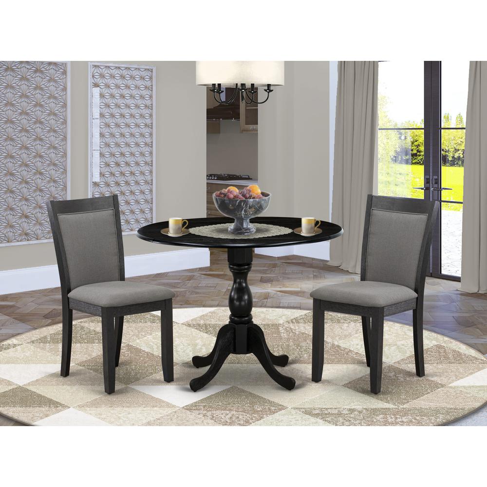 East West Furniture 3-Pc Dinette Set Includes a Wood Dining Table with Drop Leaves and 2 Dark Gotham Grey Linen Fabric Kitchen Chairs - Wire Brushed Black Finish. Picture 2