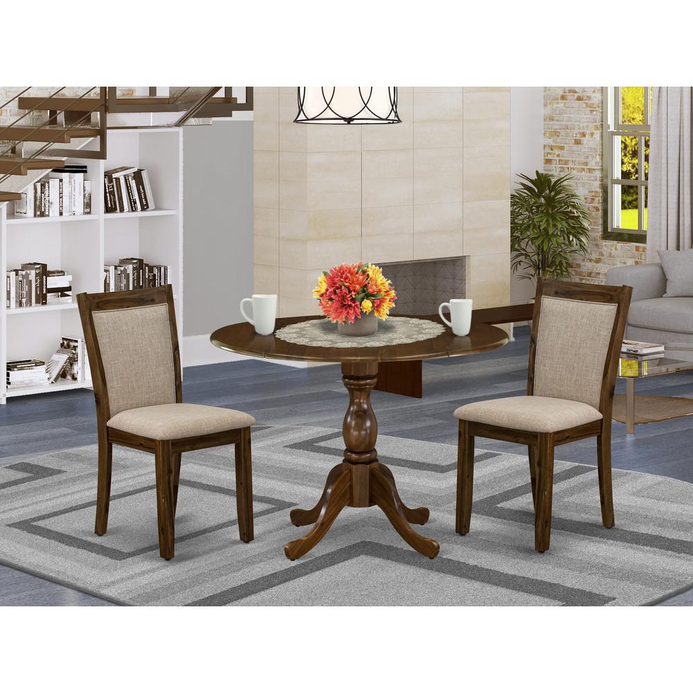 East West Furniture 3-Piece Dining Room Set Includes a Wood Table with Drop Leaves and 2 Light Tan Linen Fabric Upholstered Chairs - Sand Blasting Antique Walnut Finish. Picture 2