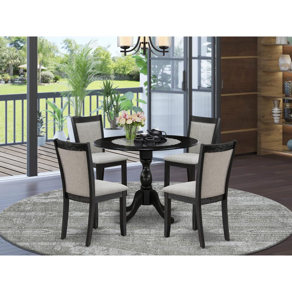 East West Furniture 5-Piece Modern Dining Set Consists of a Pedestal Table with Drop Leaves and 4 Shitake Linen Fabric Kitchen Chairs - Wire Brushed Black Finish. Picture 2