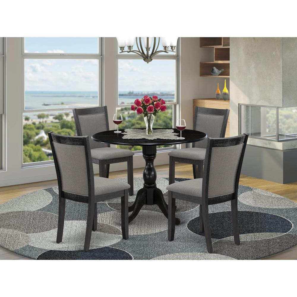 East West Furniture 5-Pc Kitchen Dining Set Consists of a Dinner Table with Drop Leaves and 4 Dark Gotham Grey Linen Fabric Upholstered Chairs - Wire Brushed Black Finish. Picture 2