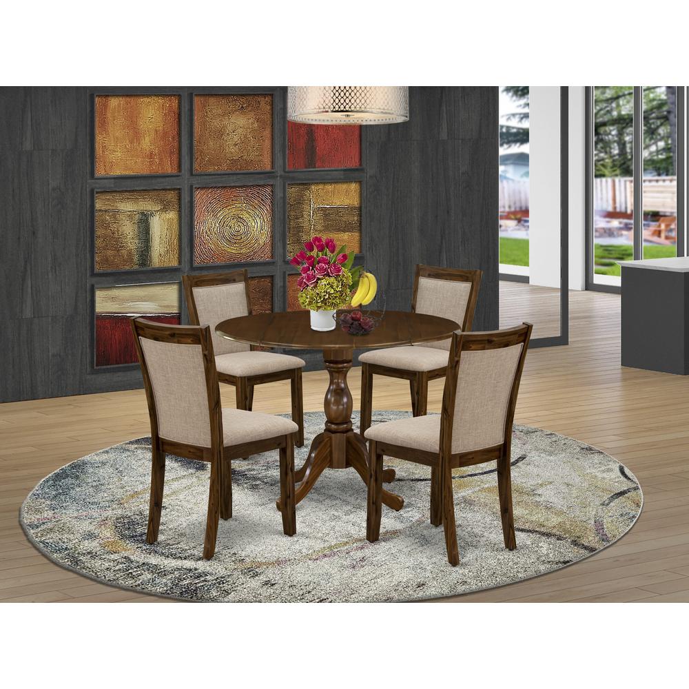 East West Furniture 5-Pc Kitchen Table Set Includes a Wood Dining Table with Drop Leaves and 4 Light Tan Linen Fabric Parson Chairs - Sand Blasting Antique Walnut Finish. Picture 2