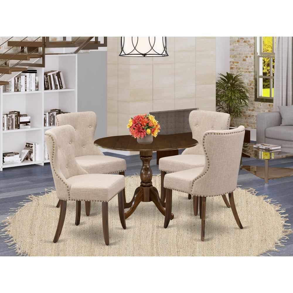 East West Furniture 5 Piece Dining Table Set Consists of 1 Drop Leaves Dining Table and 4 Light Tan Linen Fabric Kitchen Chairs Button Tufted Back with Nail Heads - Acacia Walnut Finish. Picture 2
