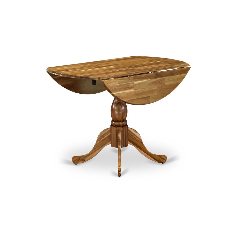 East West Furniture DMT-ANA-TP Round Modern Dining Table Natural Acacia Color Table Top Surface and Asian Wood Modern Dining Table Pedestal Legs -Natural Acacia Finish. Picture 3
