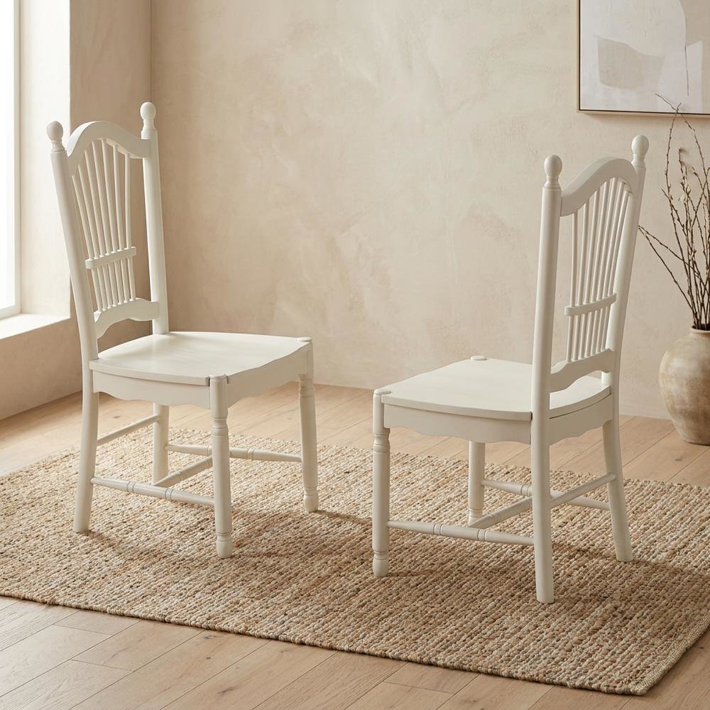 Solid Wood Dining Room Chairs with Slatted Back, Linen White, Set of 2. Picture 4