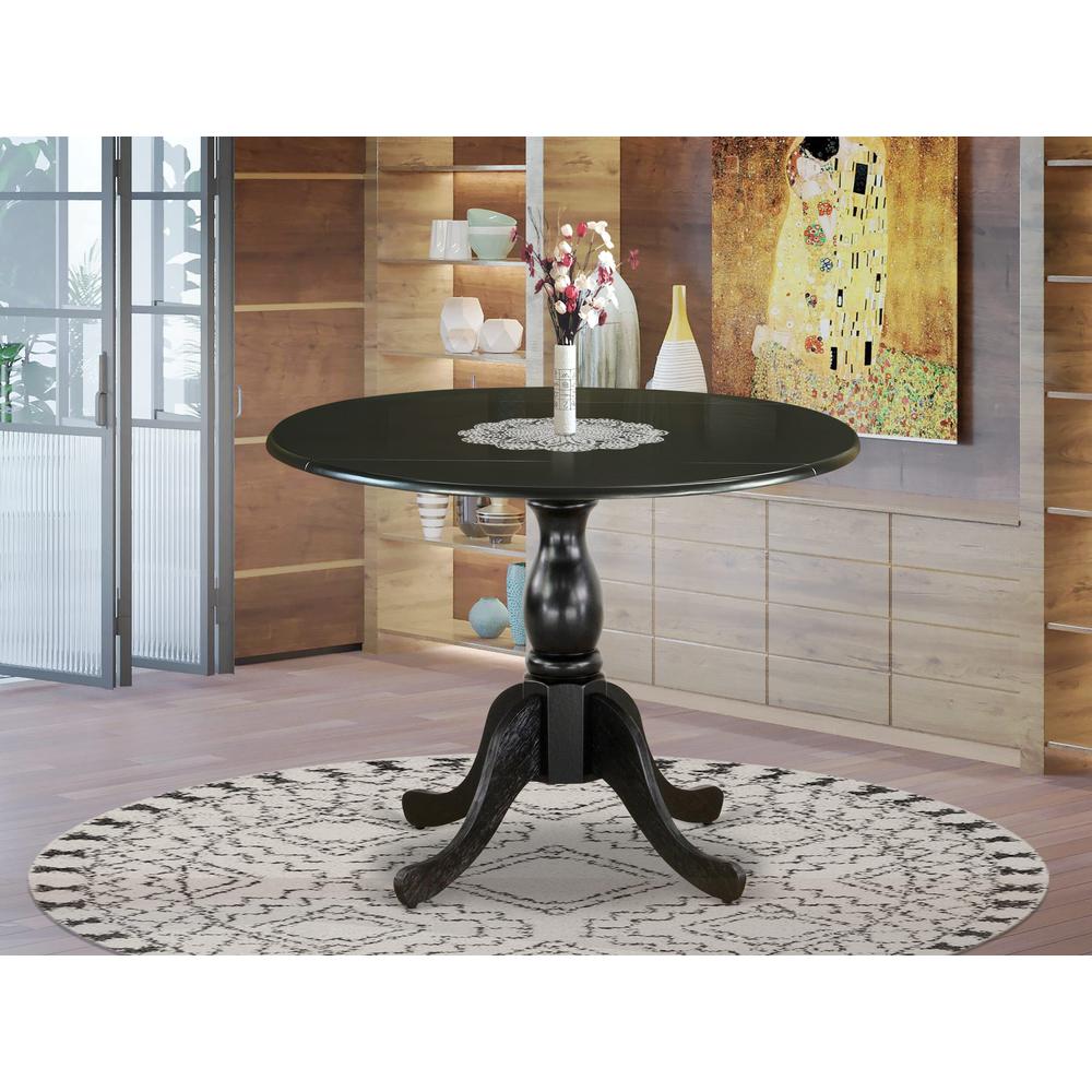 East West Furniture Round Dining Table with Drop Leaves - Black Table Top and Black Pedestal Leg Finish. Picture 2
