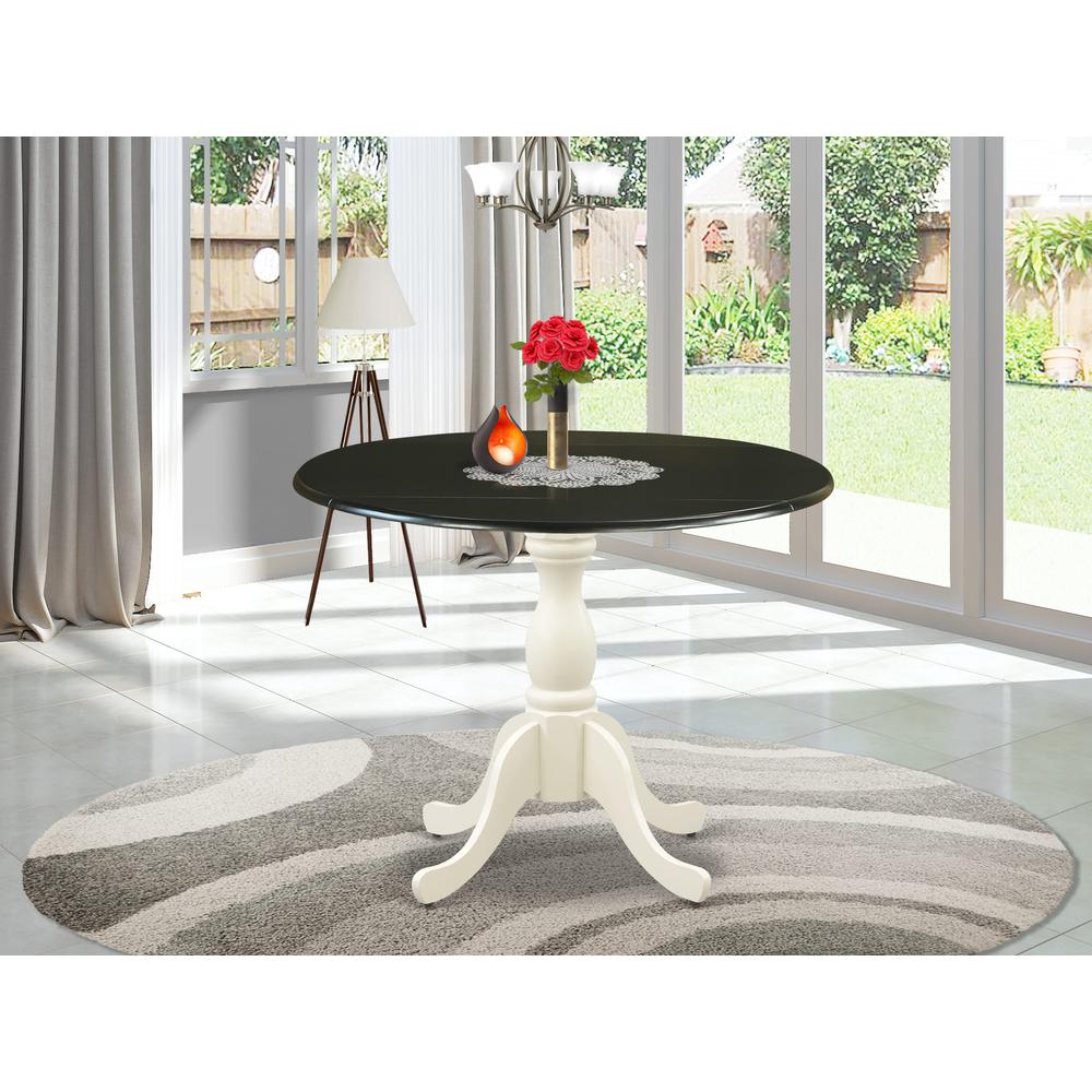 East West Furniture Dining Room Table with Drop Leaves - Black Table Top and Linen White Pedestal Leg Finish. Picture 2