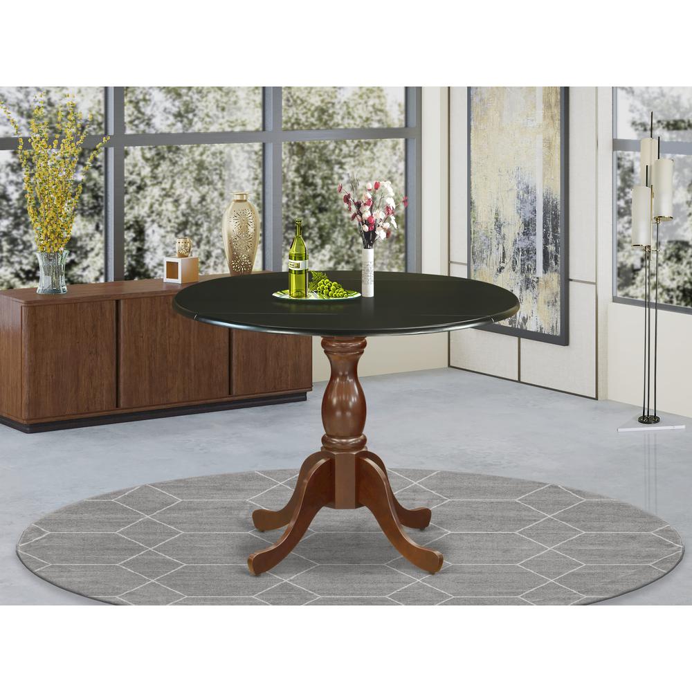 East West Furniture Kitchen Table with Drop Leaves - Black Table Top and Mahogany Pedestal Leg Finish. Picture 2