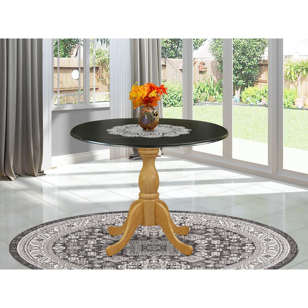 East West Furniture Dinning Table with Drop Leaves - Black Table Top and Oak Pedestal Leg Finish. Picture 2