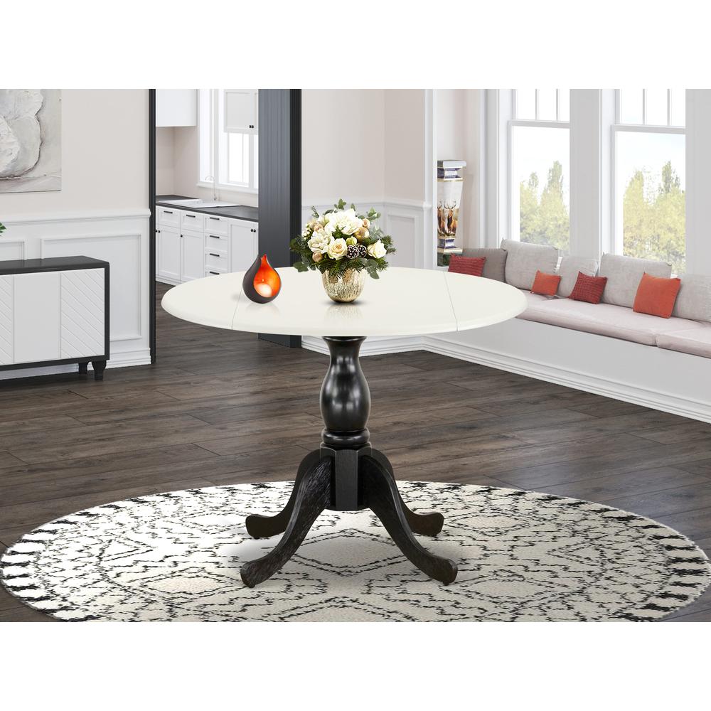 East West Furniture Round Kitchen Table with Drop Leaves - Linen White Table Top and Black Pedestal Leg Finish. Picture 2