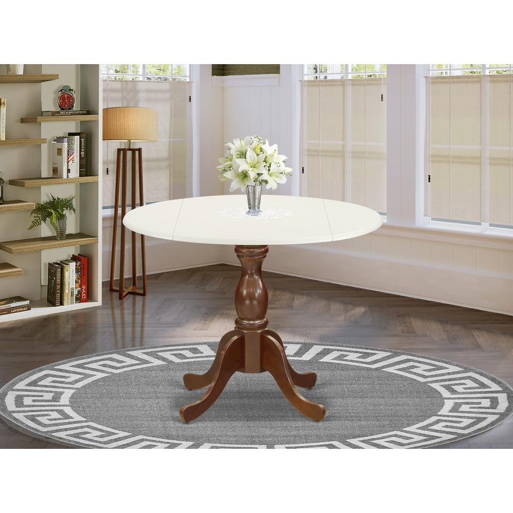 East West Furniture Modern Dining Table with Drop Leaves - Linen White Table Top and Mahogany Pedestal Leg Finish. Picture 2