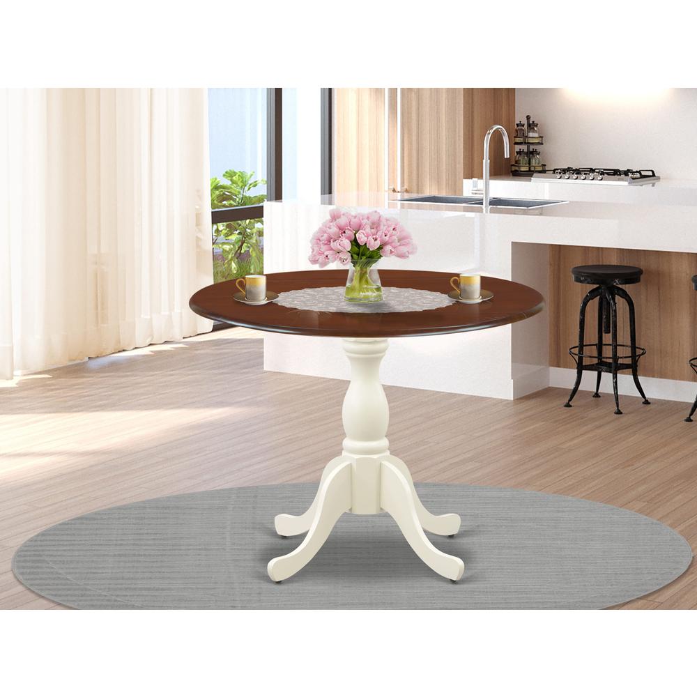 East West Furniture Mid Century Dining Table with Drop Leaves - Mahogany Table Top and Linen White Pedestal Leg Finish. Picture 2