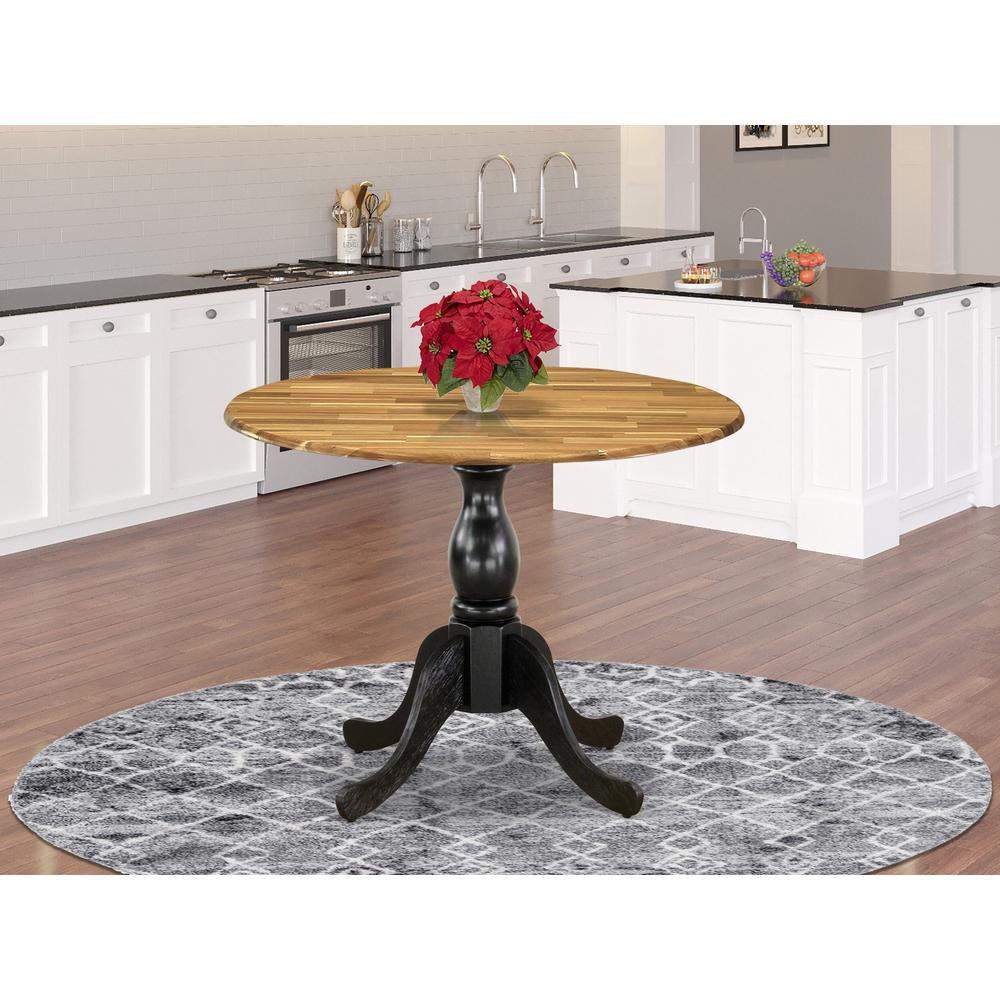 East West Furniture Round Dinning Table with Drop Leaves - Natural Table Top and Black Pedestal Leg Finish. Picture 2