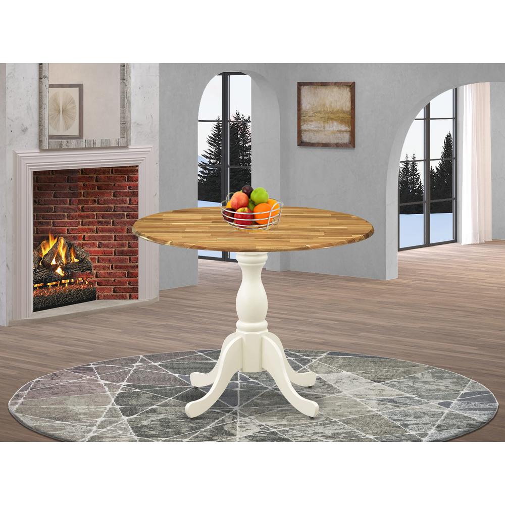 East West Furniture Dining Room Table with Drop Leaves - Natural Table Top and Linen White Pedestal Leg Finish. Picture 2