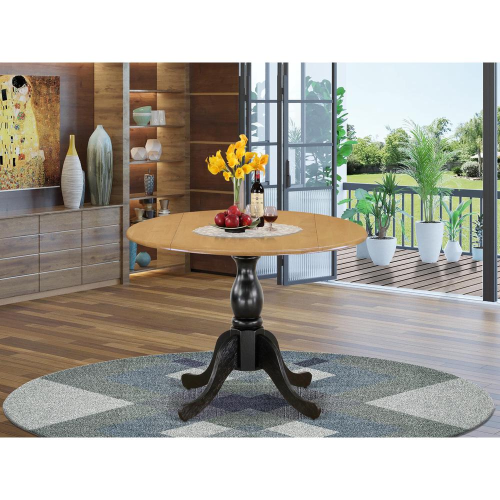 East West Furniture Dining Room Table with Drop Leaves - Oak Table Top and Black Pedestal Leg Finish. Picture 2
