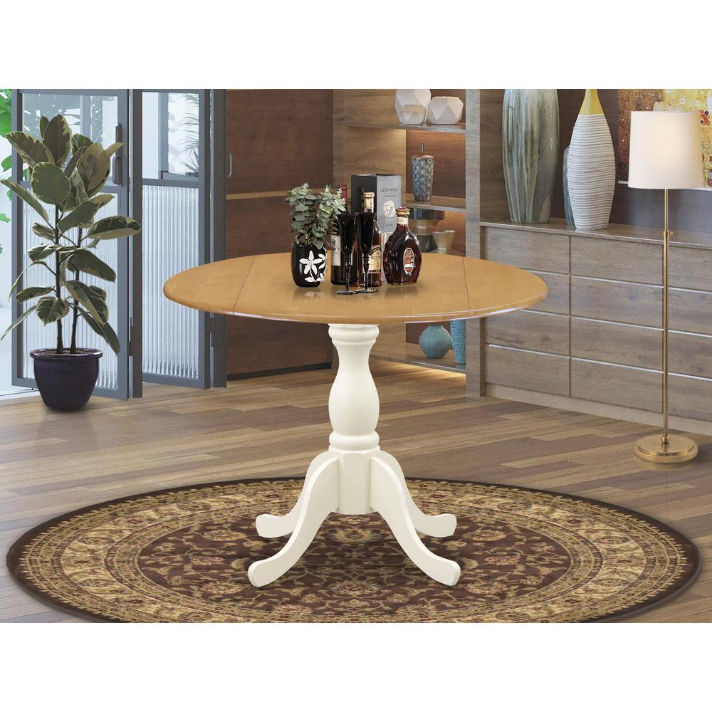 East West Furniture Wooden Dining Table with Drop Leaves - Oak Table Top and Linen White Pedestal Leg Finish. Picture 2