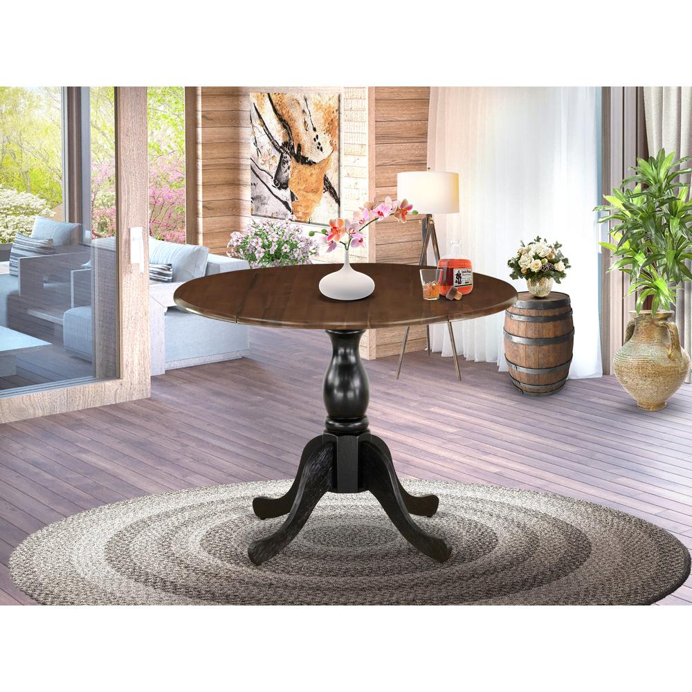East West Furniture Wood Kitchen Table with Drop Leaves - Walnut Table Top and Black Pedestal Leg Finish. Picture 2