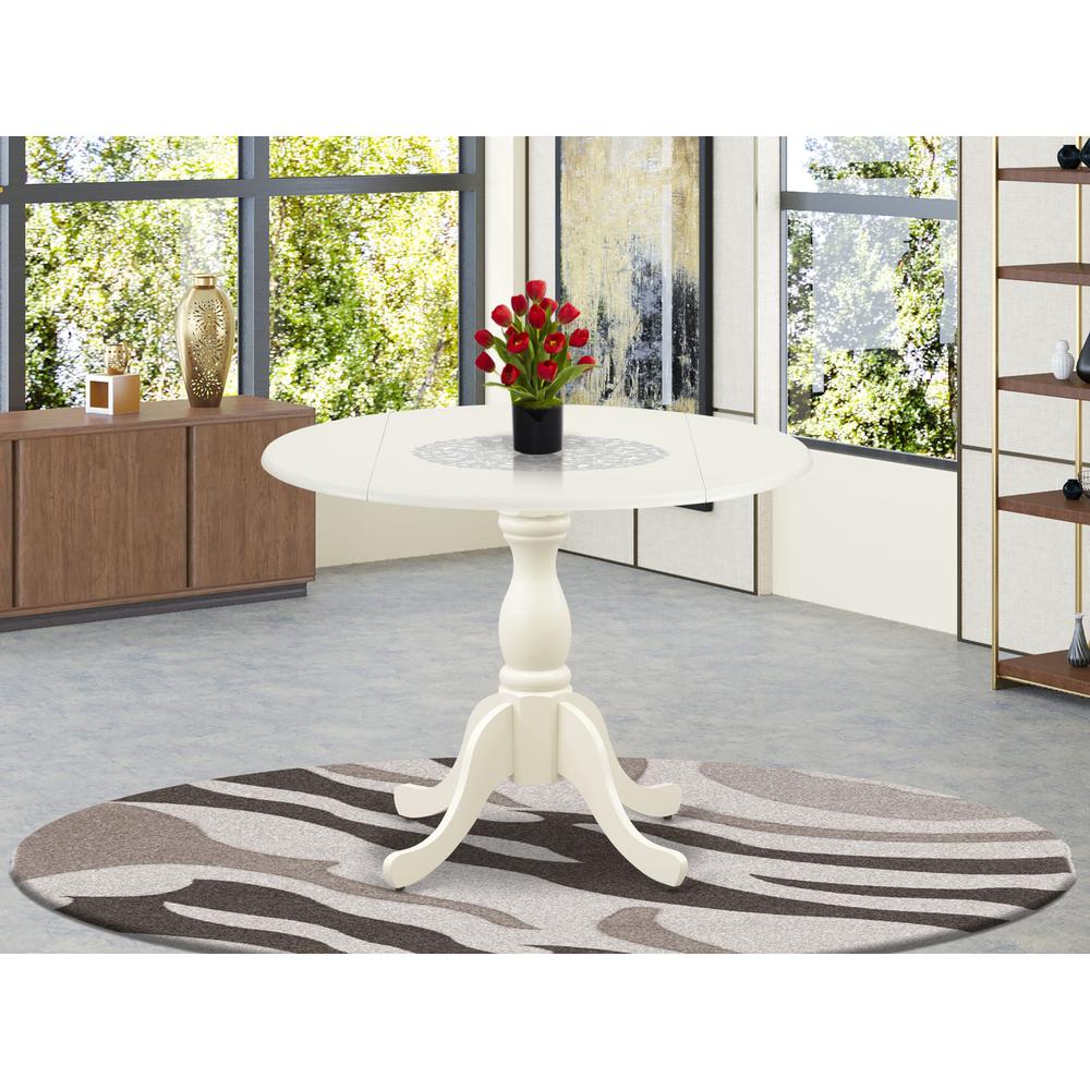 East West Furniture Modern Kitchen Table with Drop Leaves - Linen White Table Top and Linen White Pedestal Leg Finish. Picture 2