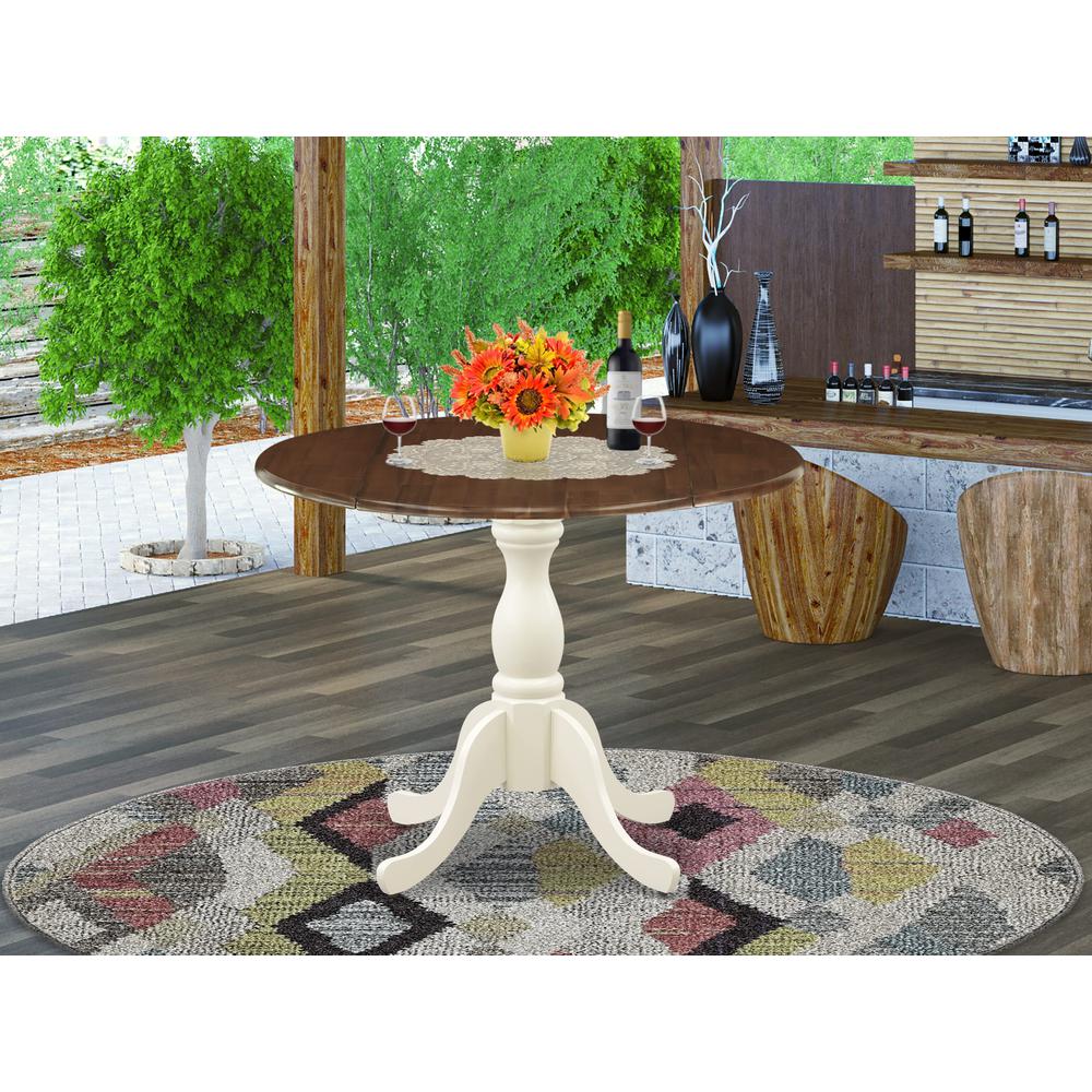 East West Furniture Kitchen Table with Drop Leaf - Walnut Table Top and Linen White Pedestal Leg Finish. Picture 2