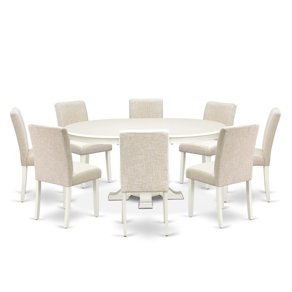9-Piece Mid Century Dining Set, Linen White. Picture 1