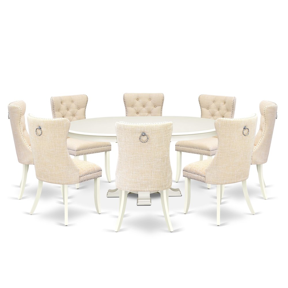 9-Piece Mid Century Dining Set, Linen White. Picture 1