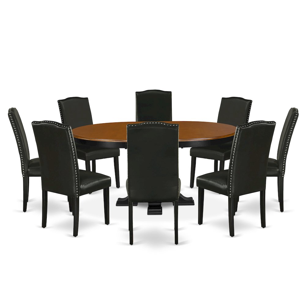 9-Piece Mid Century Dining Set, Black & Cherry. Picture 1