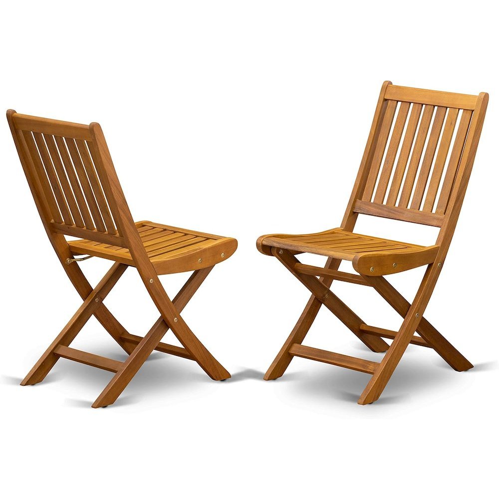 Oil-Finish Round Patio Table Set with 2 Folding Chairs, Modern Design. Picture 7