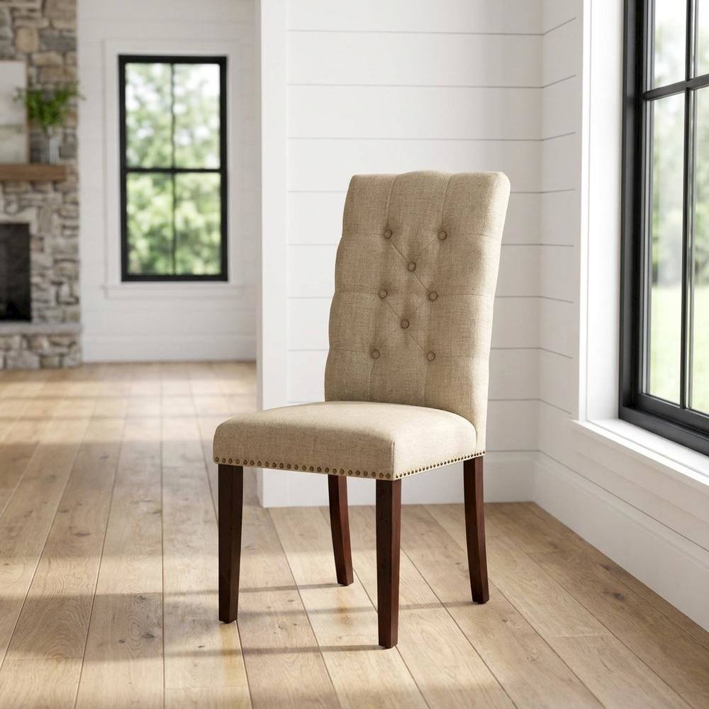Fabric-Upholstered Parsons Dining Chair with Mahogany Legs for Dining Room, Set of 2. Picture 3