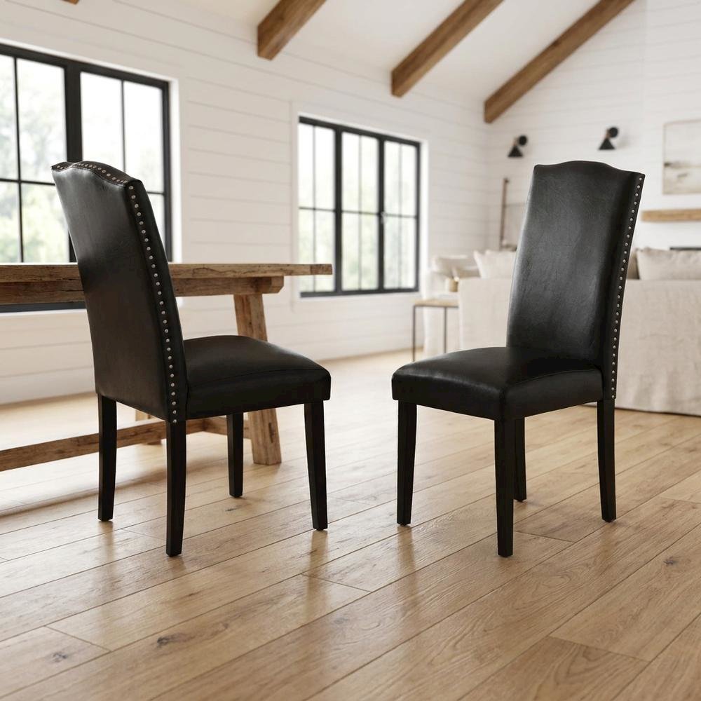 Faux Leather Parsons Dining Chairs with Nailhead Trim, Padded, Set of 2. Picture 3