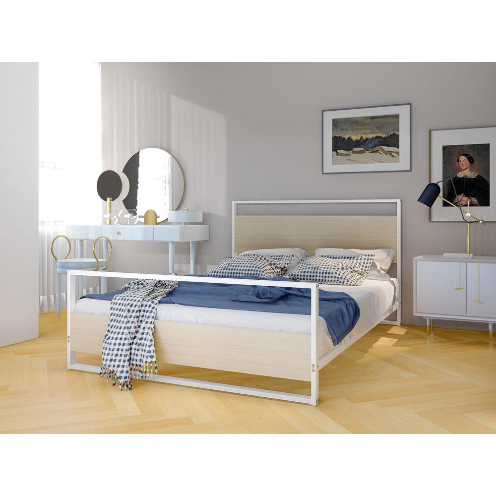 Erie Platform Bed Frame with 4 Metal Legs - High-class Bed in Powder Coating White Color and White Wood laminate. Picture 2