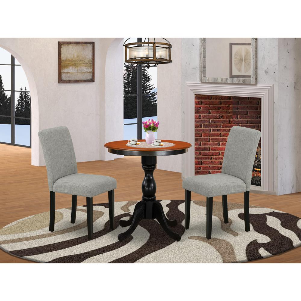 East West Furniture 3-Piece Dinette Set Include a Wooden Table and 2 Shitake Linen Fabric Padded Chairs with High Back - Black Finish. Picture 2