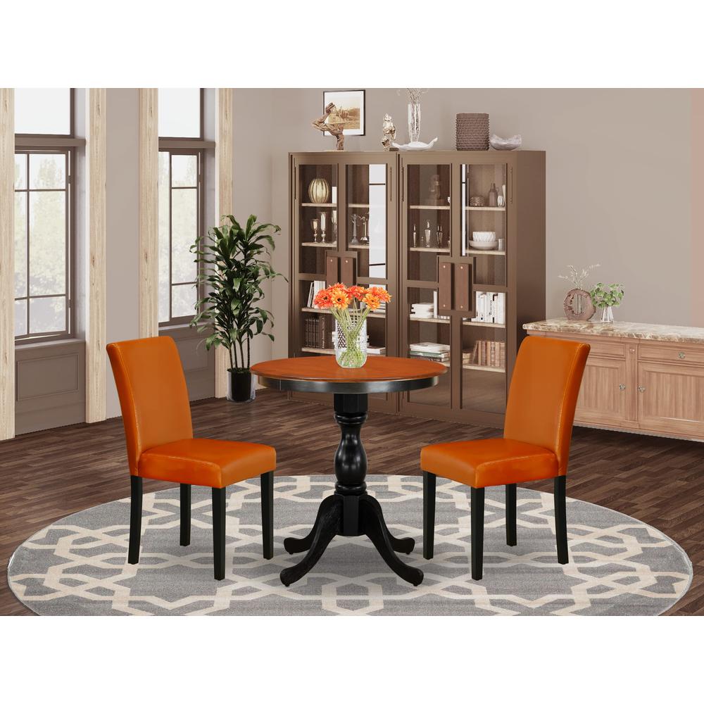 East West Furniture 3-Piece Dining Table Set Consist of Wood Table and 2 Baked Bean PU Leather Dining Chairs with High Back - Black Finish. Picture 2