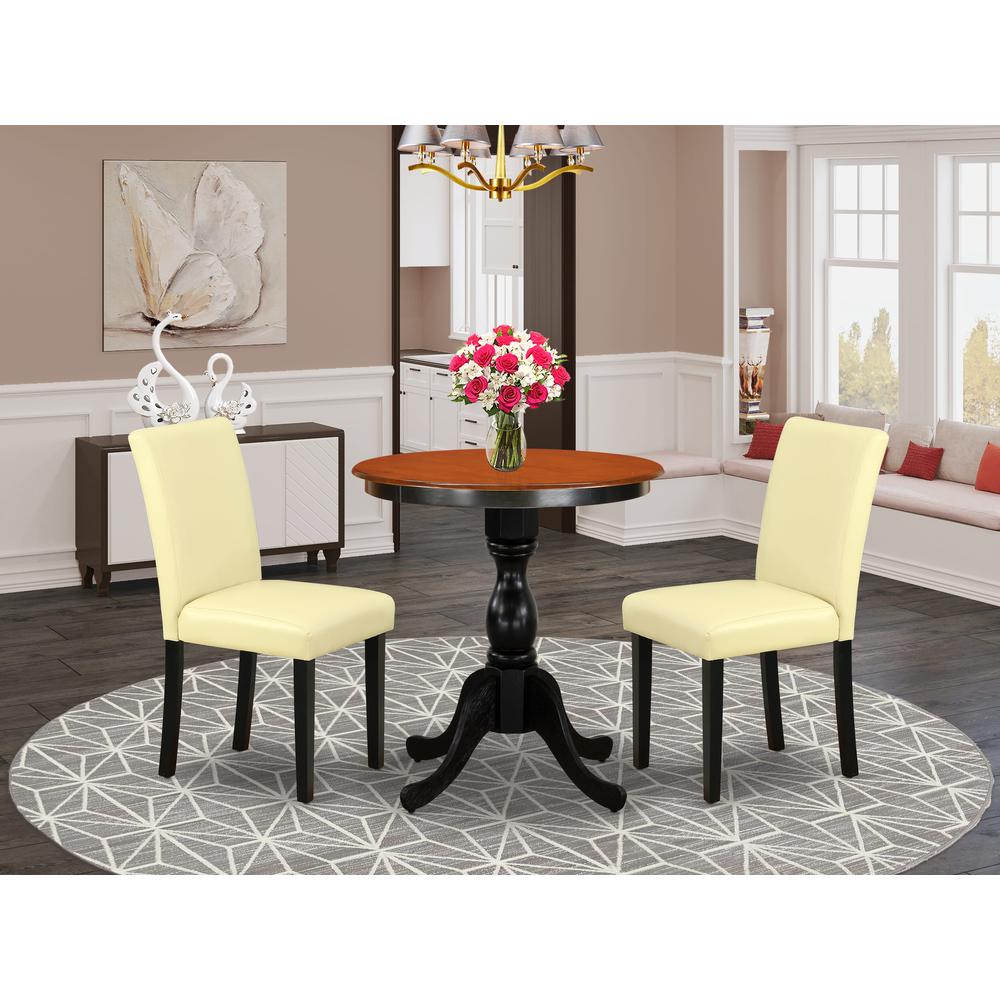 East West Furniture 3-Piece Dinner Table Set Consist of Wood Table and 2 Eggnog PU Leather Parson Chairs with High Back - Black Finish. Picture 2