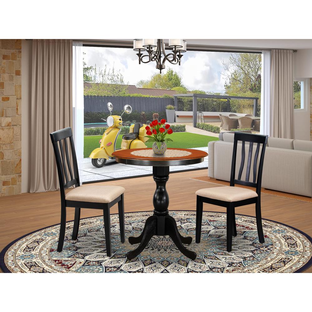East West Furniture 3-Piece Mid Century Dining Set Include a Kitchen Table and 2 Linen Fabric Mid Century Chairs with Slatted Back - Black Finish. Picture 2