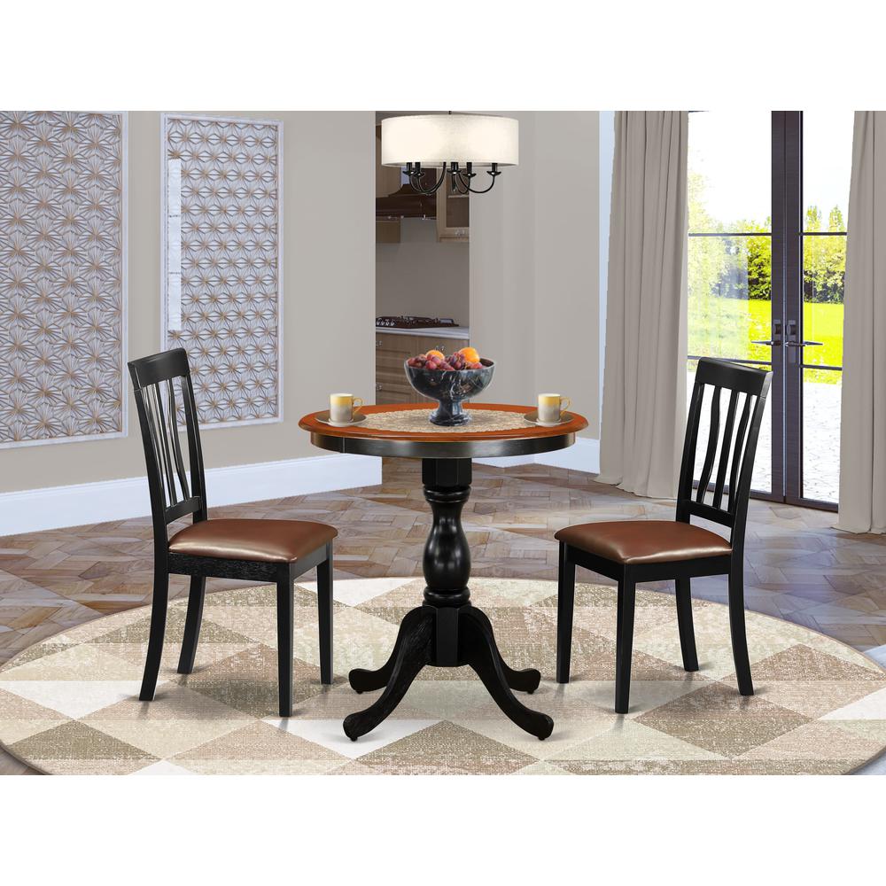 East West Furniture 3-Piece Dining Room Table Set Include a Dining Table and 2 Faux Leather Dining Chairs with Slatted Back - Black Finish. Picture 2
