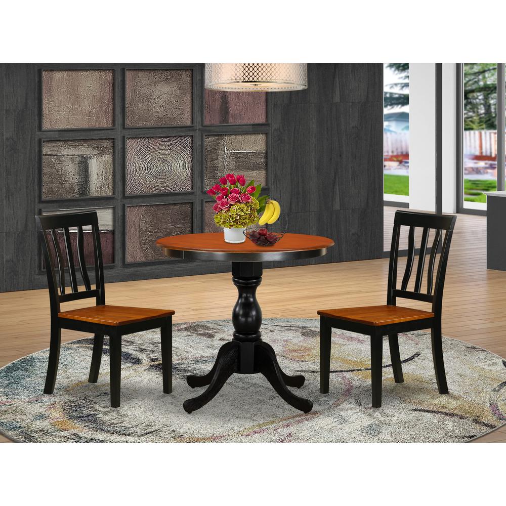 East West Furniture 3-Piece Kitchen Table Set Contains a Wooden Table and 2 Kitchen Chairs with Slatted Back - Black Finish. Picture 2