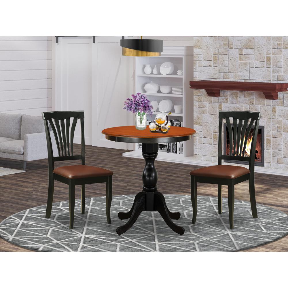 East West Furniture 3-Piece Dining Set Contains a Dinning Table and 2 Faux Leather Dining Chairs with Slatted Back- Black Finish. Picture 2