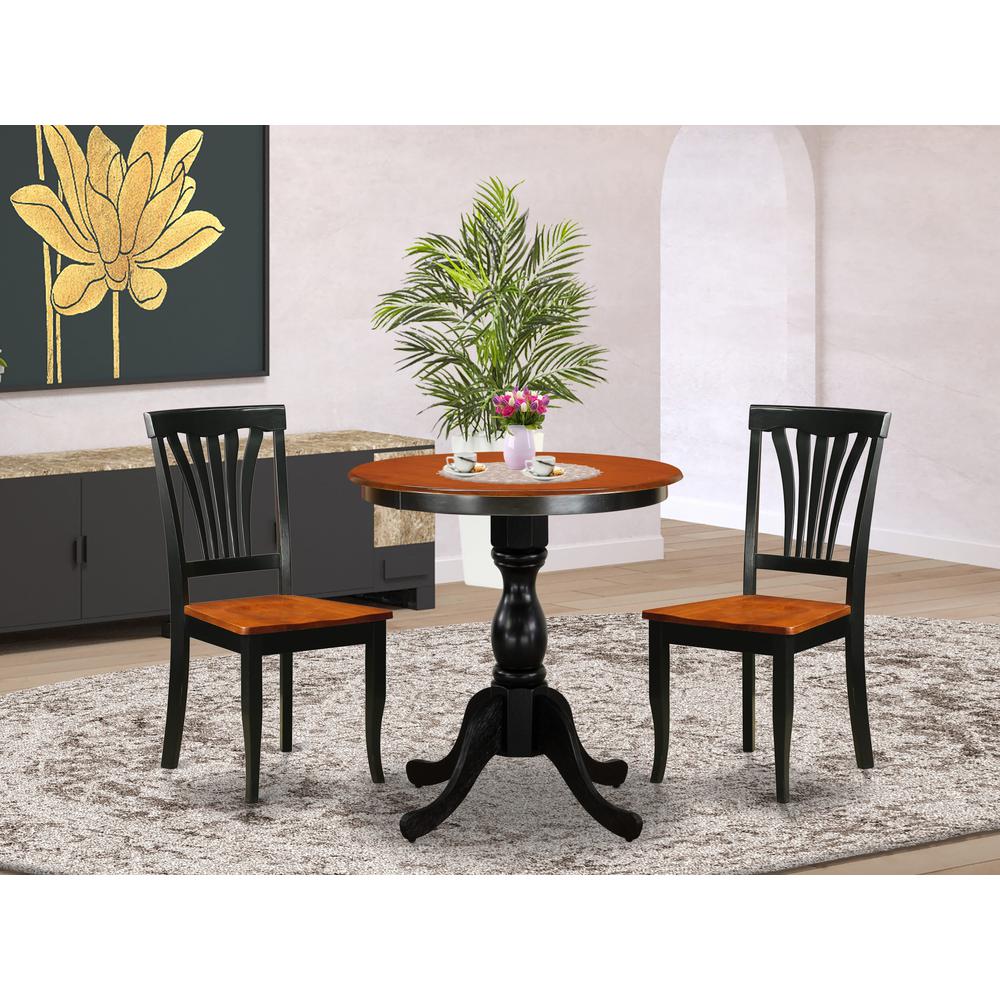 East West Furniture 3-Piece Dining Table Set Include a Modern Dining Table and 2 Dining Chairs with Slatted Back - Black Finish. Picture 2
