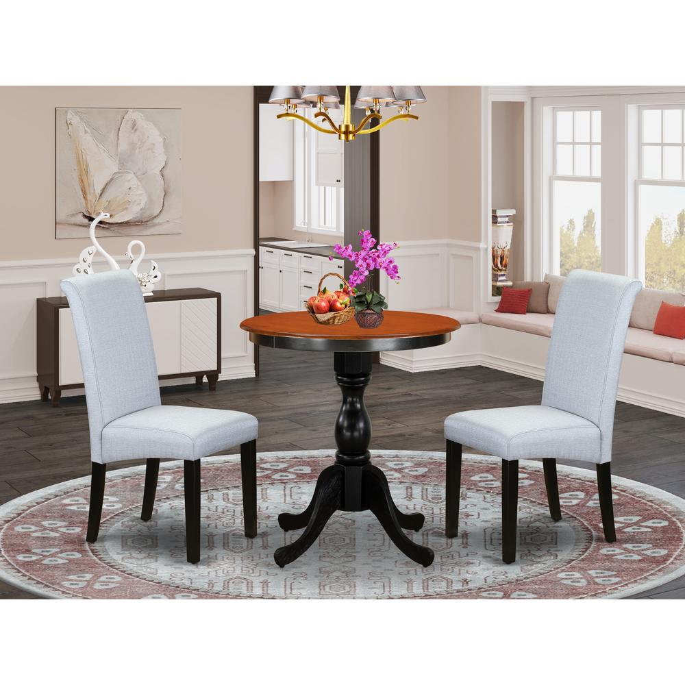 East West Furniture 3-Piece Dinner Table Set Include a Dining Table and 2 Grey Linen Fabric Padded Chairs with Stylish High Back - Black Finish. Picture 2