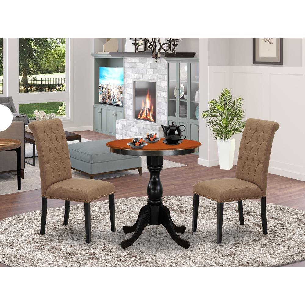 East West Furniture 3-Piece Mid Century Dining Set Include a Dining Table and 2 Light Sable Linen Fabric Padded Chairs with Button Tufted Back - Black Finish. Picture 2