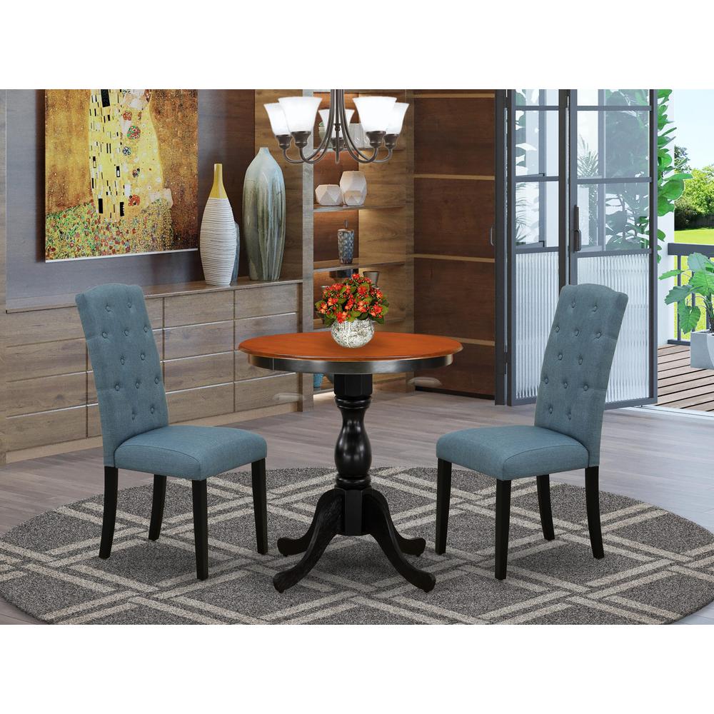 East West Furniture 3-Piece Dining Room Table Set Consist of Dining Table and 2 Blue Linen Fabric Upholstered Chairs with Button Tufted Back - Black Finish. Picture 2