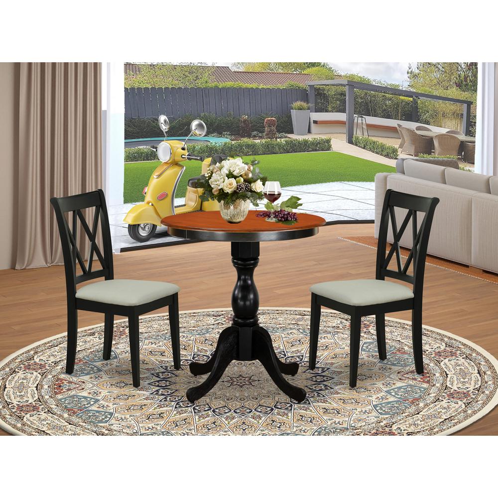 East West Furniture 3-Piece Dining Table Set Include a Dining Table and 2 Linen Fabric Dining Room Chairs with Double X Back - Black Finish. Picture 2