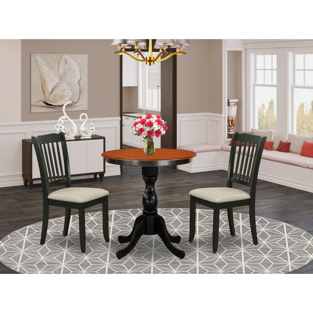East West Furniture 3-Piece Dining Table Set Include a Wood Table and 2 Linen Fabric Kitchen Chairs with Ladder Back - Black Finish. Picture 2