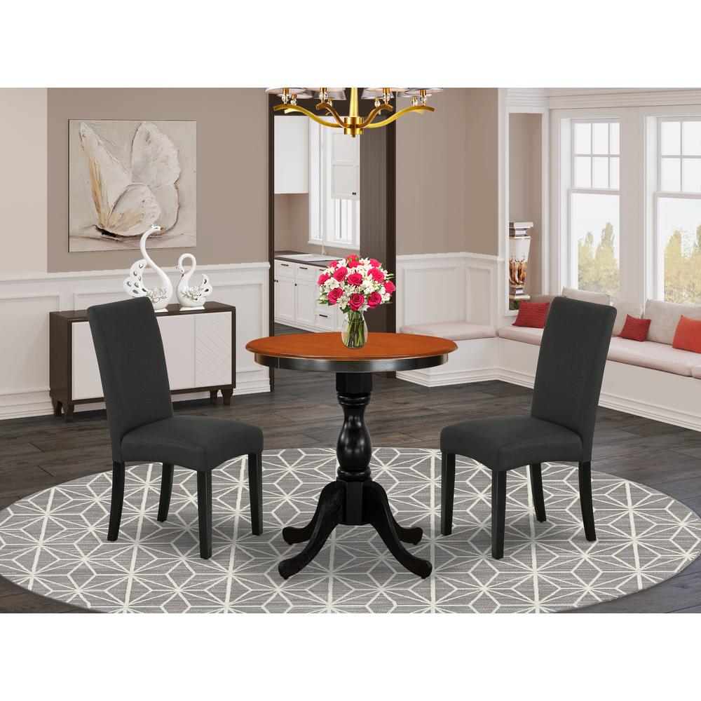 East West Furniture 3-Piece Dinner Table Set Consist of Wood Dining Table and 2 Black Linen Fabric Parson Chairs with High Back - Black Finish. Picture 2