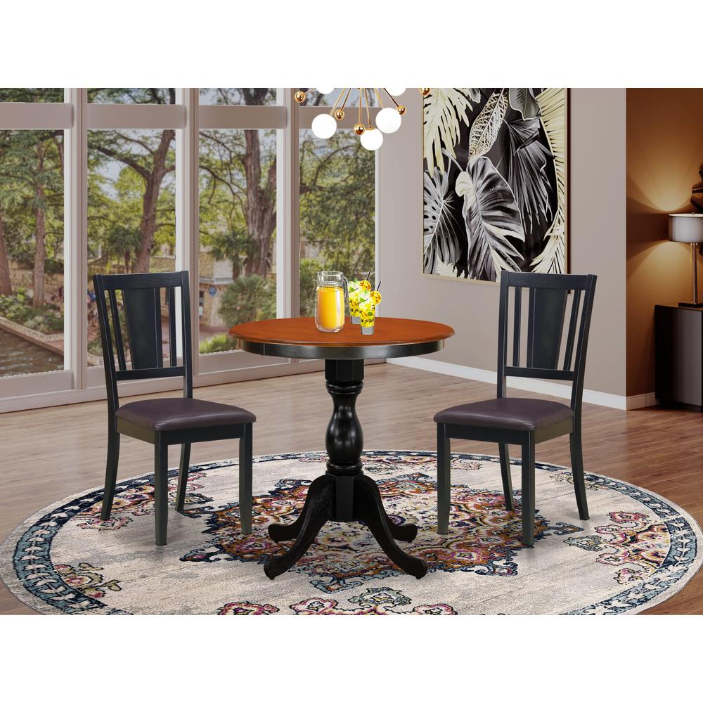 East West Furniture 3-Piece Kitchen Table Set Include a Dining Table and 2 Faux Leather Dinner Chairs with Slatted Back - Black Finish. Picture 2