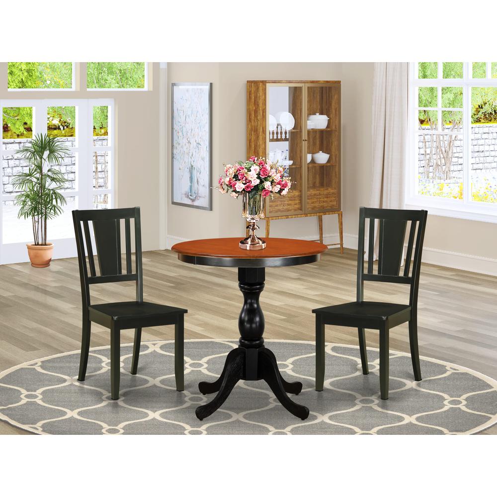 East West Furniture 3-Piece Mid Century Modern Dining Set Include a Wood Table and 2 Dining Chairs with Slatted Back - Black Finish. Picture 2