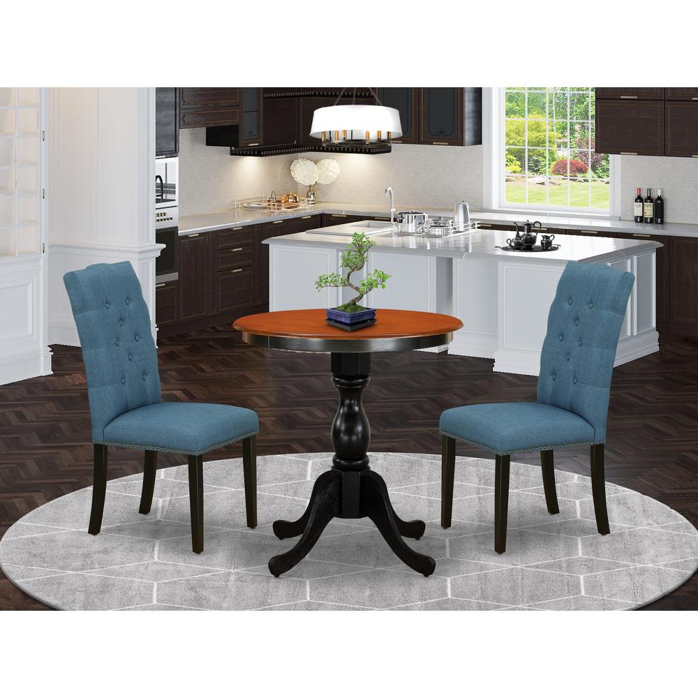 East West Furniture 3-Piece Dining Room Set Include a Round Table and 2 Blue Linen Fabric Parson Chairs with Button Tufted Back - Black Finish. Picture 2