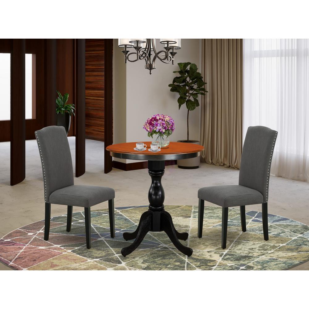 East West Furniture 3-Piece Modern Dining Set Consist of Dining Table and 2 Dark Gotham Grey Linen Fabric Parson Chairs with High Stylish Back - Black Finish. Picture 2