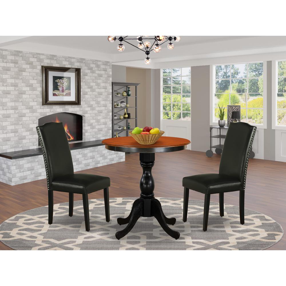 East West Furniture 3-Piece Modern Table Set Contains a Modern Kitchen Table and 2 Black PU Leather Upholstered Chairs with Stylish High Back - Black Finish. Picture 2