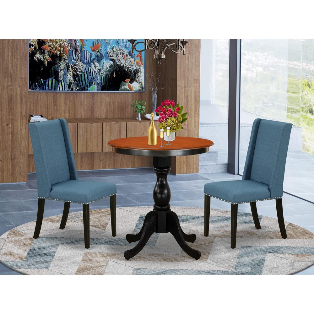 East West Furniture 3-Piece Dining Table Set Consist of Dining Room Table and 2 Blue Linen Fabric Padded Chairs with Stylish High Back - Black Finish. Picture 2