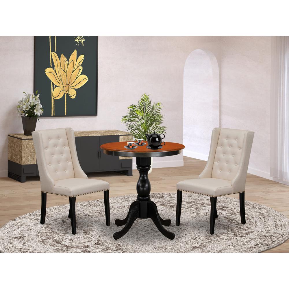 East West Furniture 3-Piece Mid Century Dining Set Consist of Dining Table and 2 Cream Linen Fabric Parson Chairs with Button Tufted Back - Black Finish. Picture 2